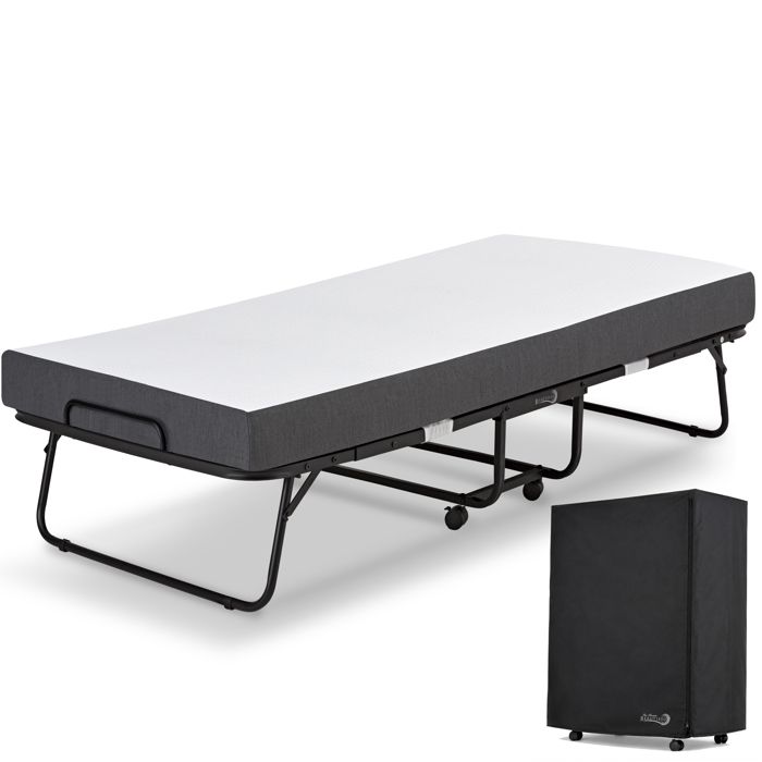 Lit pliant 90 x 200 cm avec 4 roulettes verrouillables et housse de protection Lit pliant 90 x 200 cm avec 4 roulettes verrouillables et housse de protection