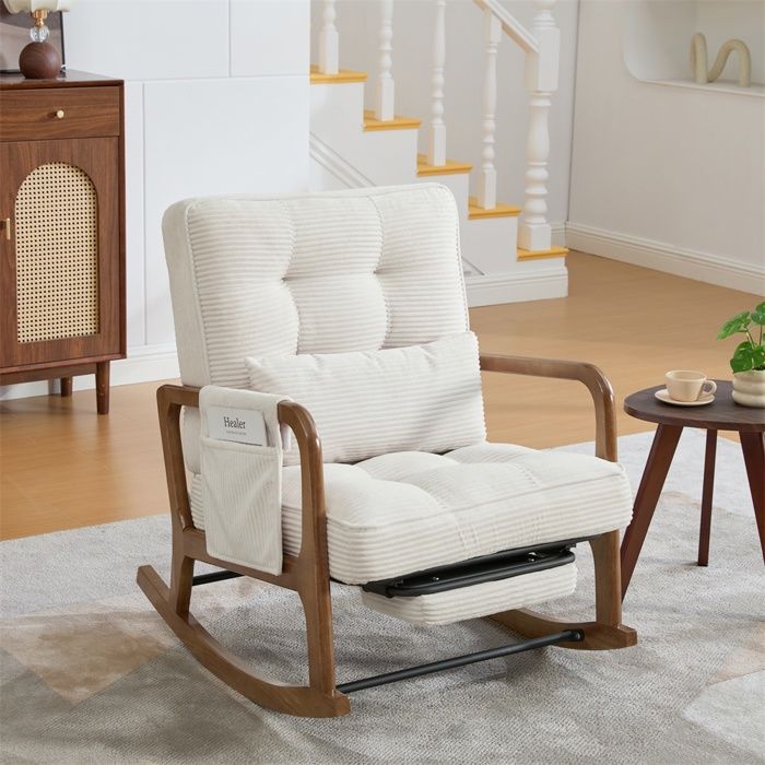Fauteuil à Bascule - 70x80x92cm - Rocking Chair Inclinable Repose-Pieds Poche Velours Côtelé Allaitement Salon - Beige