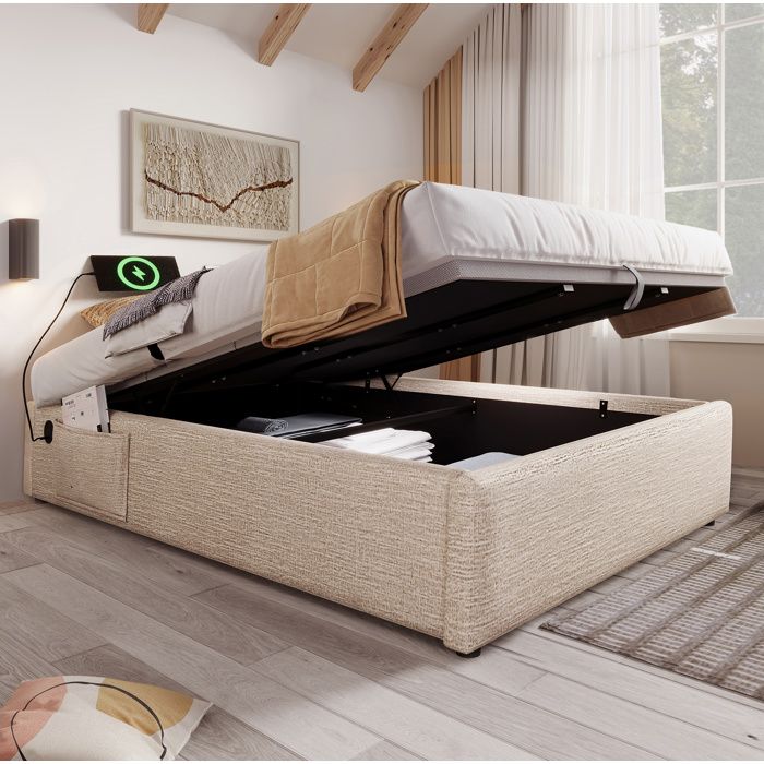 MEUBLIV Lit coffre 160 x 200 cm avec USB-C lin beige naturel sans tête de lit rangement relevable