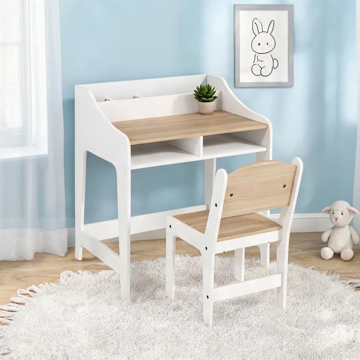 Bureau enfant 3-8 ans avec chaise et rangements intégrés bois massif couleur bois clair naturel 60x48 cm