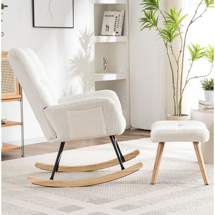 Fauteuil à bascule avec repose-pieds et accoudoirs - pour salon ou chambre - en bouclette blanc