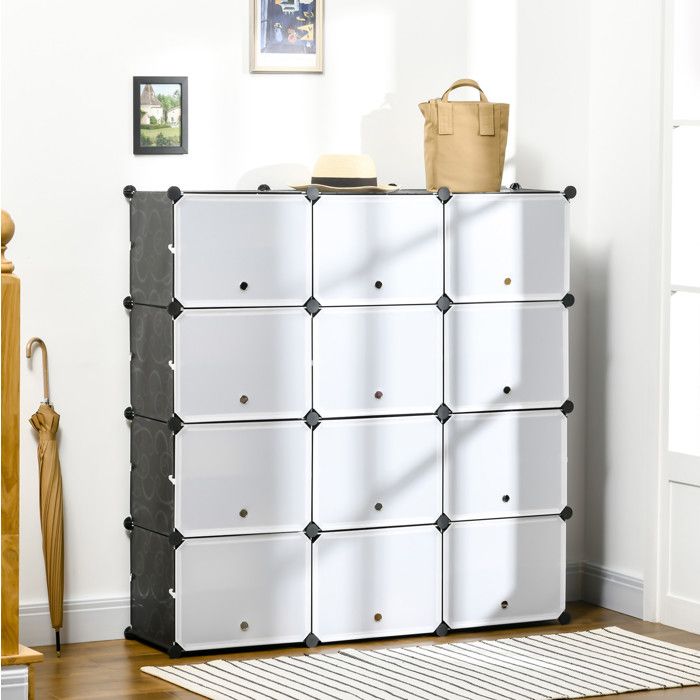 Meuble à Chaussures 12 Portes 12 Cubes Modulaires Séparateurs Amovibles Plastique Noir et Blanc 125×32×125 cm - UVRION