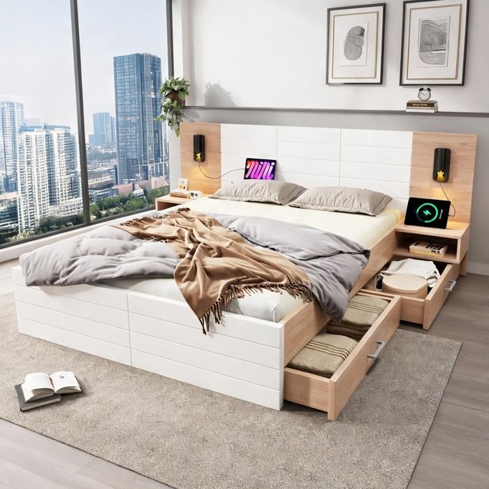 Ensemble lit 180x200 cm blanc et chêne clair avec lampe USB chevets et tiroirs - White + Light Oak Solid Wood+MDF 255.0 x 207.0