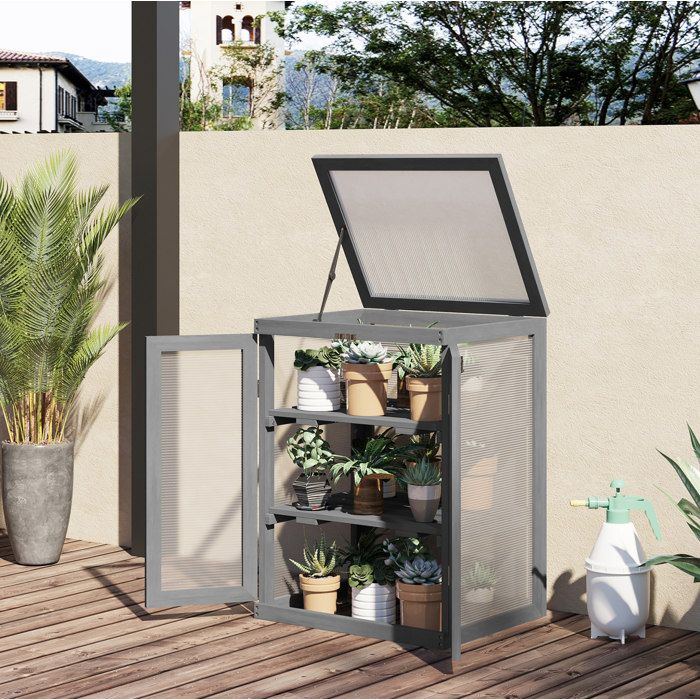 Mini serre de jardin – 3 niveaux 2 portes couvercle ouvrant bois et polycarbonate gris foncé 58 x 44 x 78 cm
