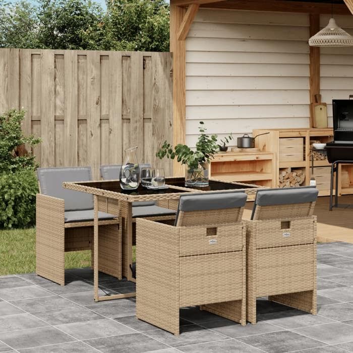 Beige Ensemble à manger de jardin coussins 5 pcs mélange beige rotin - Meuble de balcon LV55694