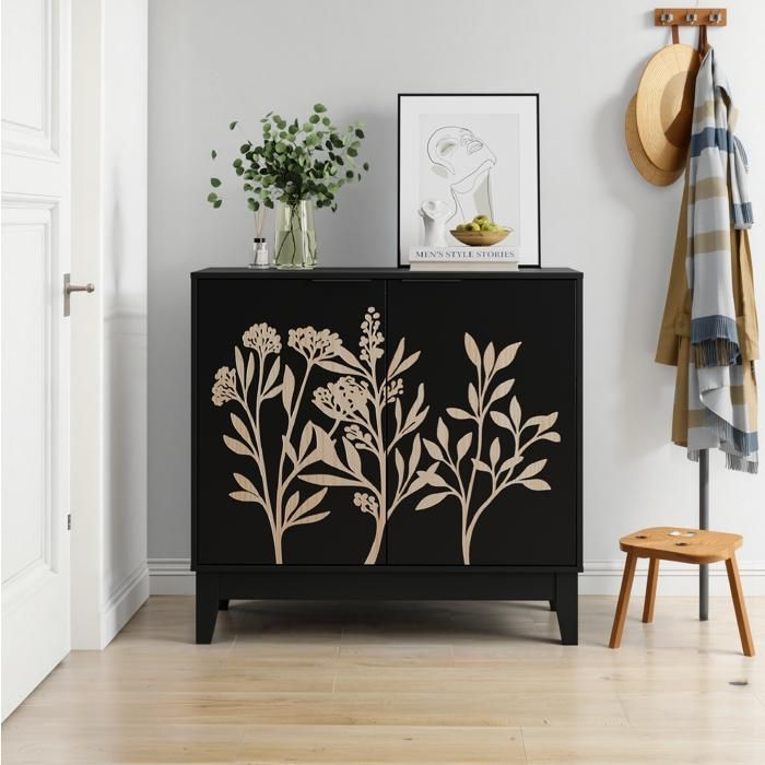 MEULVA Buffet vintage 80 cm noir en MDF 2 portes étagère réglable meuble de rangement décoratif
