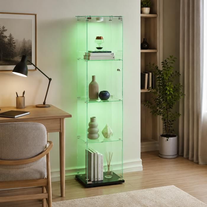 Vitrine en Verre avec éclairage LED et Serrure de Sécurité Vitrine Armoire 4 Étagères 1 Portes Verre Trempé Noir