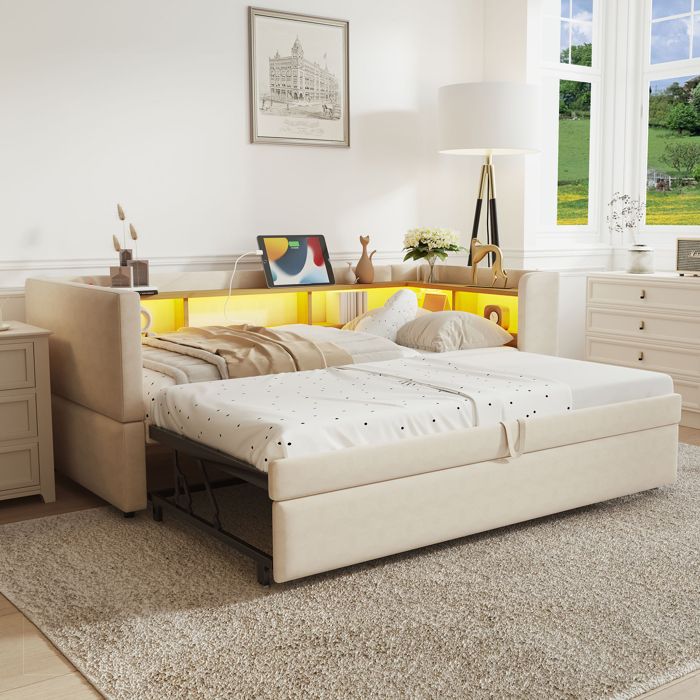 Lit rembourré convertible beige avec éclairage LED ports USB rangement 90/180x190cm lit simple double adulte design moderne Lit rembourré convertible beige avec éclairage LED ports USB rangement 90/180x190cm lit simple double adulte design moderne