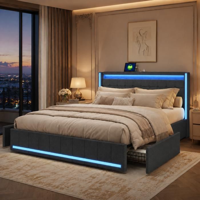 Lit Double 180x200 avec 4 Tiroirs Lit Adulte avec LED Réglable et USB Sommier à Lattes Rangement Pratique Style ModerneLin gris