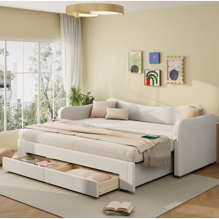Lit rembourré extensible 90x200 cm en velours beige convertible 180x200 cm 2 tiroirs port USB sommier inclus