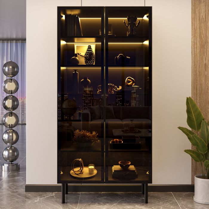 Armoire Vitrée LED Noire Meuble Vitrine 2 Portes en Verre 2 Tiroirs Étagères 70 x 36 x 170 cm Armoire Vitrée LED Noire Meuble Vitrine 2 Portes en Verre 2 Tiroirs Étagères 70 x 36 x 170 cm