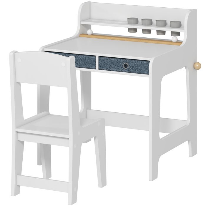 Bureau enfant avec chaise table enfant et chaise avec 2 tiroirs en tissu et porte-gobelet 62 8x55 6x73 8cm blanc