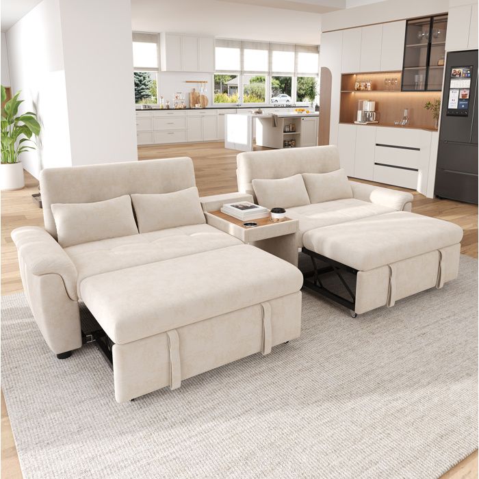COVREO Canapé convertible en U 4 places double couchage coulissant chenille beige 284 x 138 x 89 cm