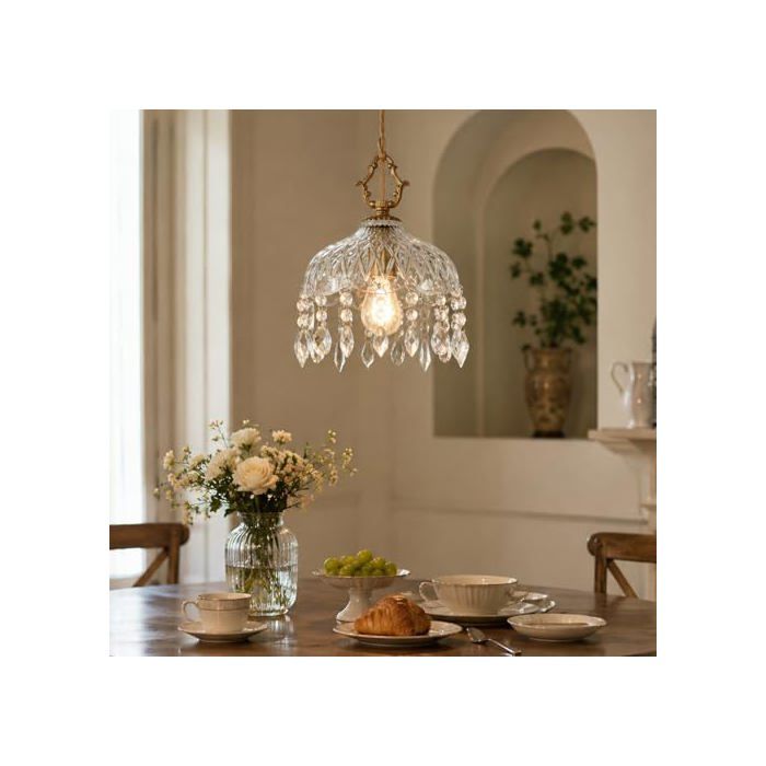 Suspension en Verre avec Pampilles Plafonnier pour Chambre - Laiton - Transparente - Câble électrique - Pendentif