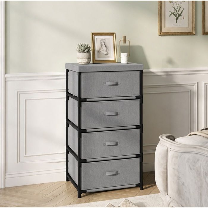 Commode rangement 4 tiroirs en tissu 42 x 32 x 80 cm structure acier noir plateau gris montage sans outils ORVRYN