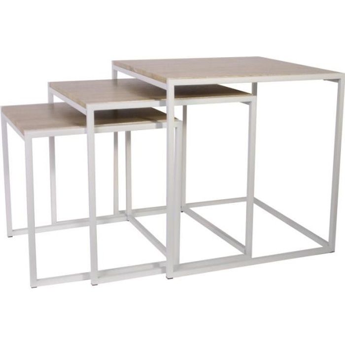 tables gigognes carrées en bois et métal - home deco factory - blanc - style industriel - l 45 x p 45 x h 45 cm