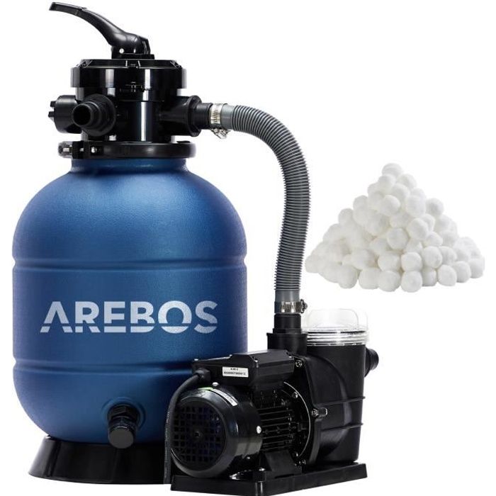 AREBOS Système de Filtre à Sable avec Pompe 400W + 700g de balles de Filtre | Bleu | 10200 L/h | réservoir jusqu'à 20 kg de Sable