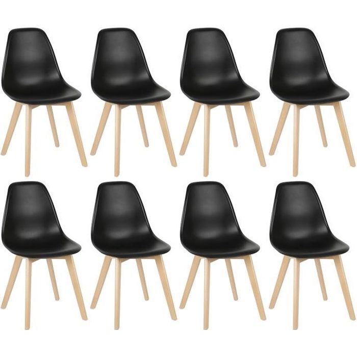 Lot de 8 Chaises Scandinave Noir avec Pieds en Hêtre pour Salle à