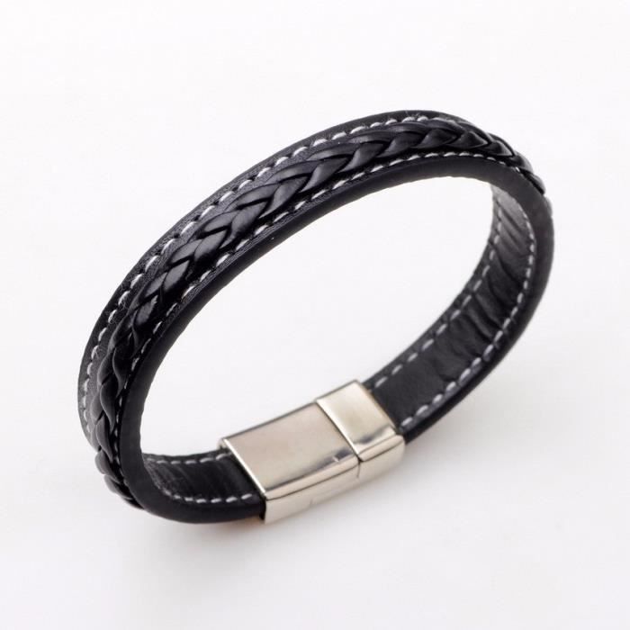 Bracelet Homme En Cuir Avec Fermoir Aimanté - 21cm - Style Café Et Noir - Décoration Main