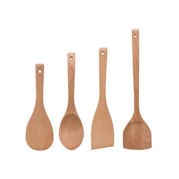 Lot de 4 cuill/ères de cuisine en bois spatule en bois dur antiadh/ésive et cuill/ères en bois.