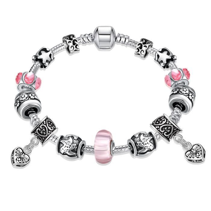 Un Jardin De Coeur Damour Perles De Verre Rose Rouge Fleur Charme Perle Bracelet Complet Argent Ton Serpent Chaîne Bracelets