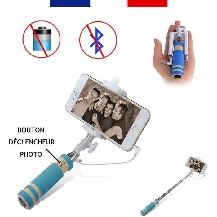 SELFIE MINI PERCHE BRAS TÉLESCOPIQUE PLIABLE DÉCLENCHEUR PHOTO INTÉGRÉ POUR IPHONE & ANDROID (BLEU)