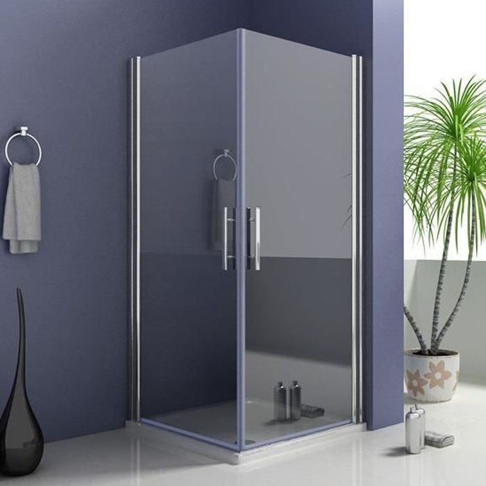 AICA cabine de douche 80x80cm porte de douche pivotante noir en 8mm verre anticalcaire hauteur:200cm 