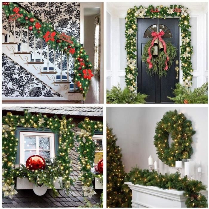 2,7M Utilisées pour Les décorations d/'escaliers et de cheminées de Noël Fleurs dorées Bandes Lumineuses Blanches et Multicolores Chaudes Couronne de Noël Artificielle pré-éclairée SHareconn 9FT