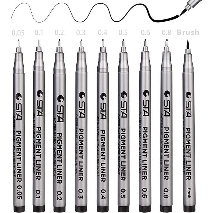 MOLHEM Lot de 12 stylos à dessin micro-pointe noirs, imperméables et noirs pour peinture, illustration, dessin, manga, contour, fournitures artistiques