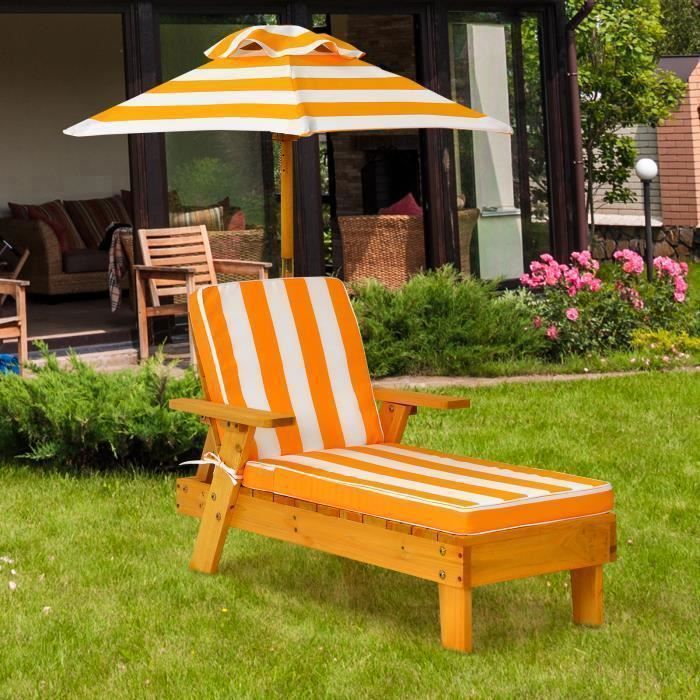 Chaise Longue COSTWAY pour Enfants 3-8 Ans en Bois Massif - Parasol Amovible - Coussin Lavable 92 x 49 x 106 CM Charge Max 50KG