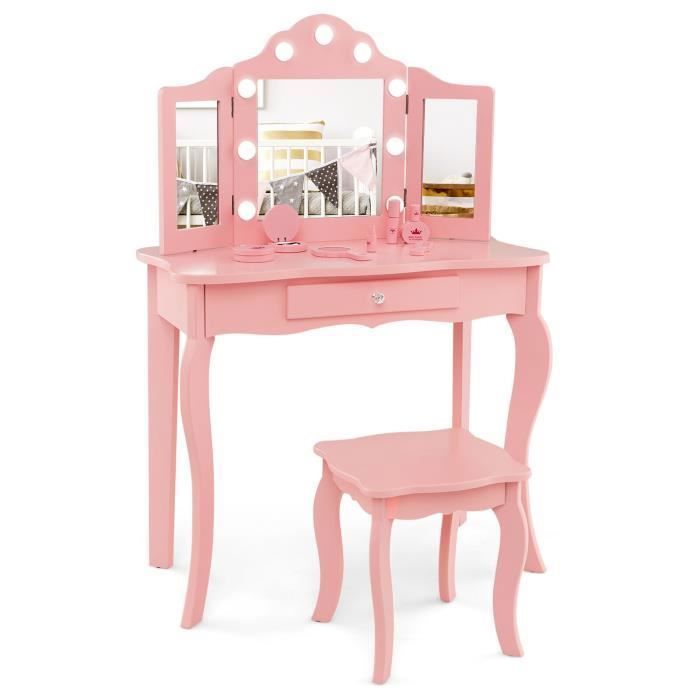 COSTWAY 2 en 1 Coiffeuse Enfant avec Tabouret Miroir Éclairé LED 3 Couleurs Pliant en Verre Véritable Tiroir Rosé COSTWAY 2 en 1 Coiffeuse Enfant avec Tabouret Miroir Éclairé LED 3 Couleurs Pliant en Verre Véritable Tiroir Rosé