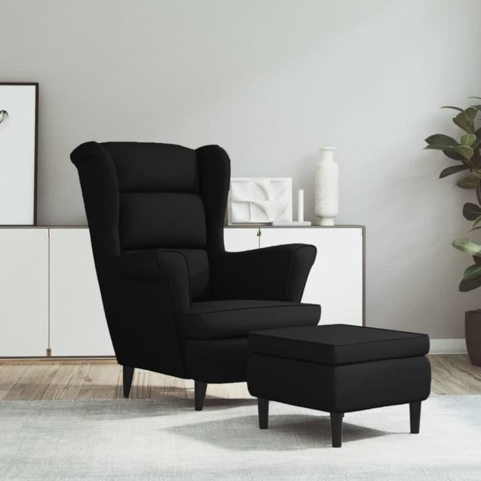 FAFEICY Fauteuil à oreilles avec tabouret Noir Velours FA001