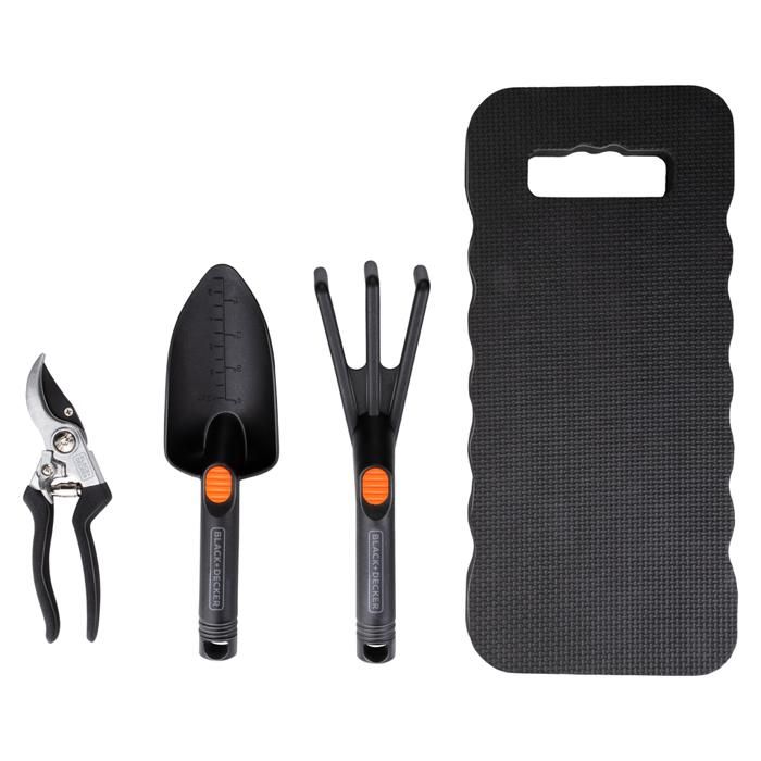 +DECKER Ensemble d'Outillage de Jardin Kit Jardinage 4 Pièces Tapis de Genoux Sécateur Pelle et Griffe de Jardin Capacité de Coupe de 13 mm - vue 2