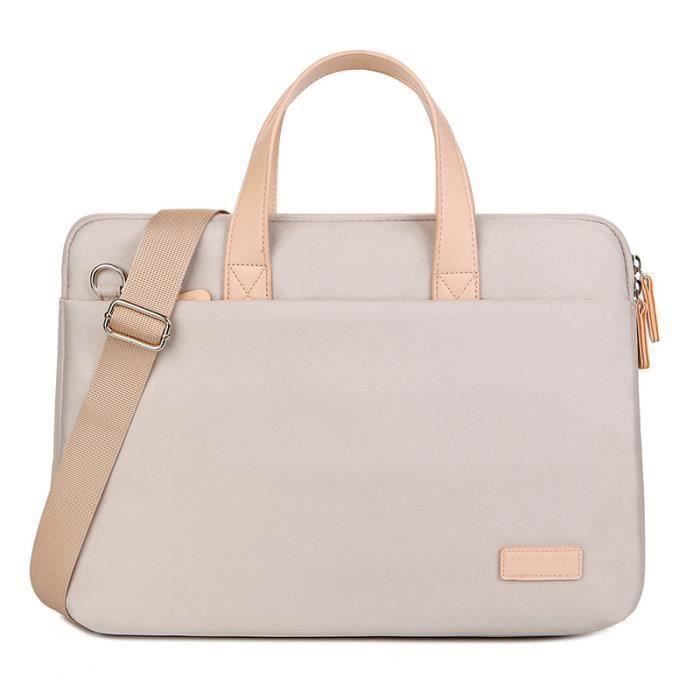 Sacoche Ordinateur Portable 13-14 Pouces Bandoulière - Léger, Anti-chocs, Plusieurs Poches, Beige Clair