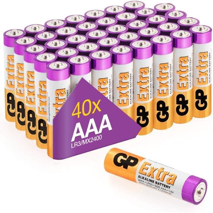 Piles AAA - Lot de 40 Piles | GP Extra | Batteries Alcalines AAA LR3 1,5v|Longue durée, très puissantes, utilisation quotidienne