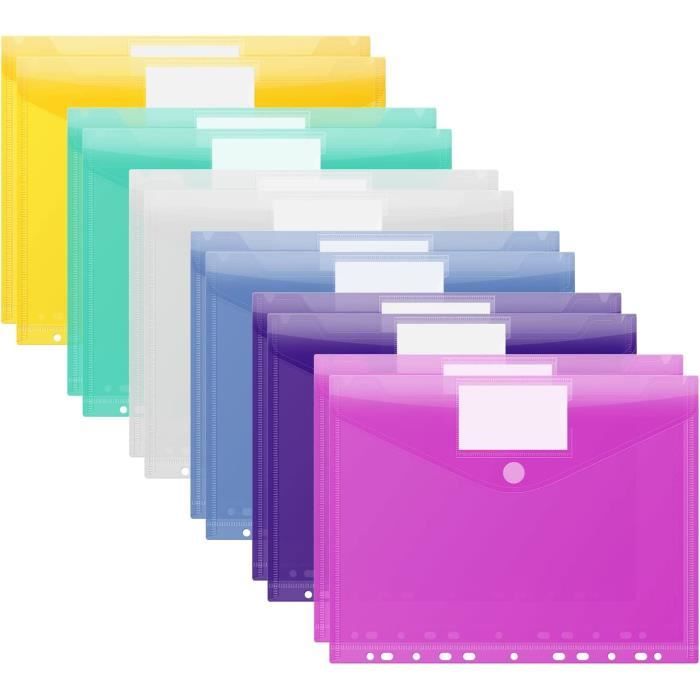 16 Pochettes Plastique A4 - 8 Couleurs Avec Étiquette - Classement Documents Bureau École