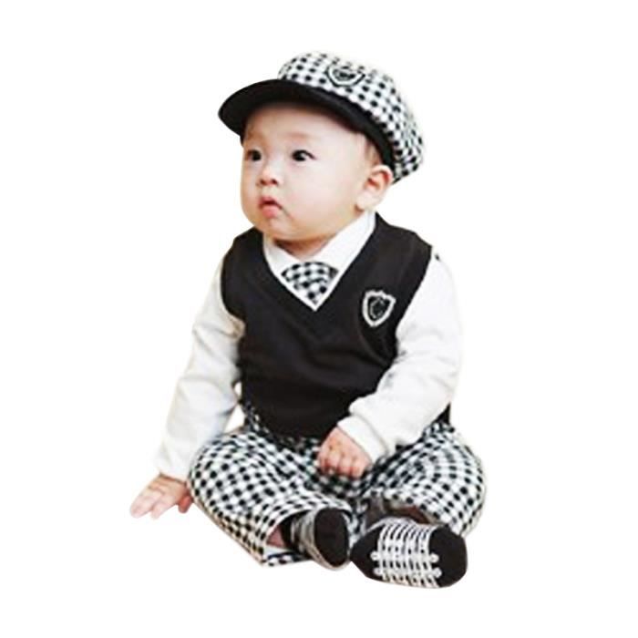 0 24 Mois Garcon Bebe Costume Nouveau Ne 4 Pcs Ensemble Vetements Chemise Gilet Pantalon A Carreaux Casquette Noir Cdiscount Pret A Porter
