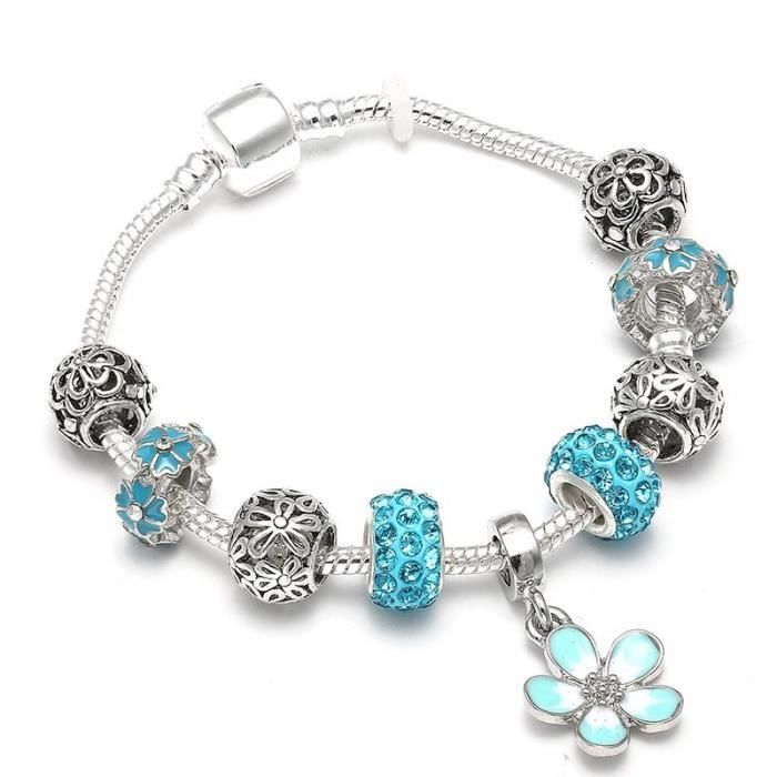 20 cm bracelet charm's fleur cristal turquoise argent fin 925