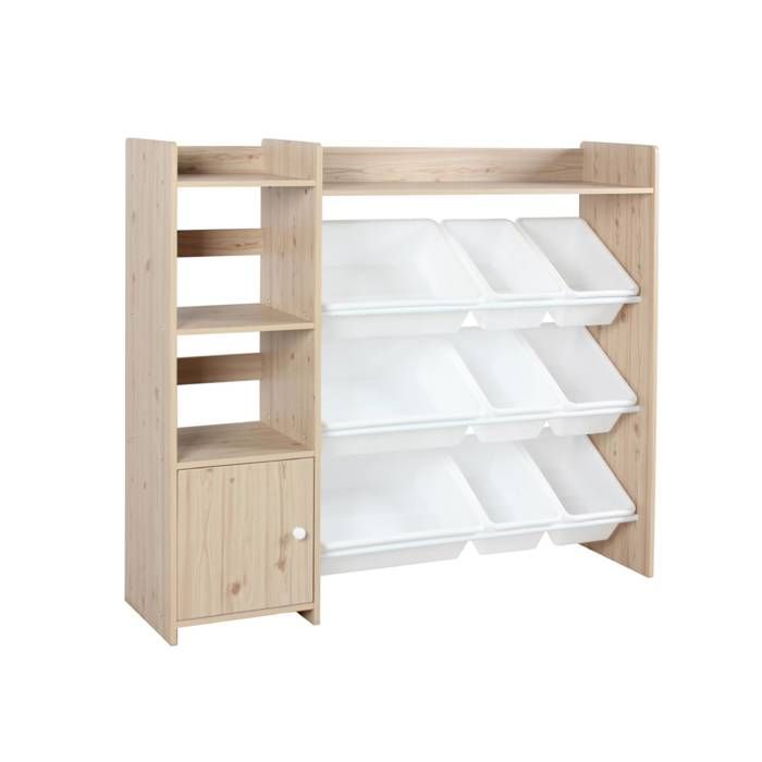 Meuble de rangement enfant. naturel. 9 bacs de rangement. 4 étagères. 1 porte