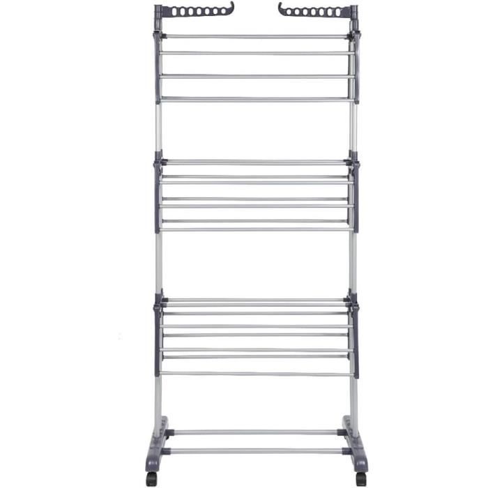 Séchoir à Linge 4 Niveaux Pliable Avec Roues - 75x64x170 Cm, Capacité 30 Kg, Noir
