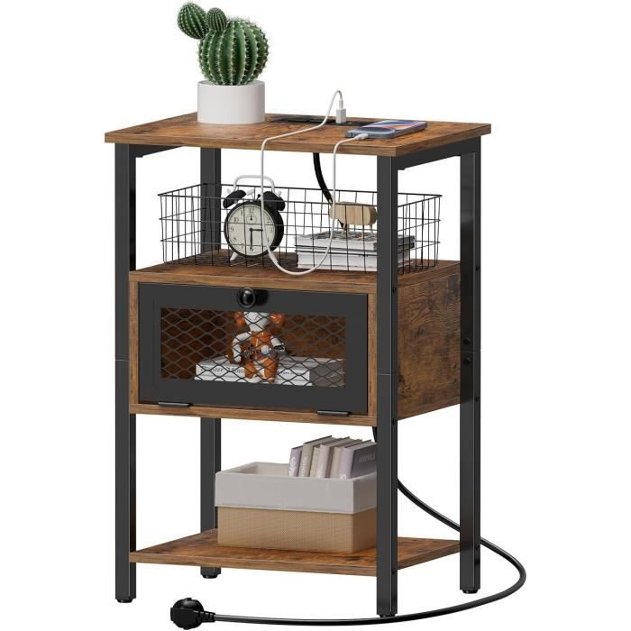 HAIOOU Table De Chevet Avec Chargeur USB Et Tiroir | Style Mid-Century Rotin | Pieds Bois De Pin | Pour Chambre Salon