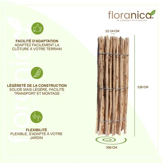Clôture En Noisetier BOGATECO 120x500cm - Naturelle, Espacement 4-5cm - Pour Jardin Ou Support Vignes