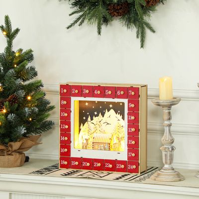 Calendrier De L'Avent Lumineux HOMCOM En Forme De Village Enneigé - 24 Tiroirs, LED Blanc Chaud, Décoration De Noël Réutilisable - 14