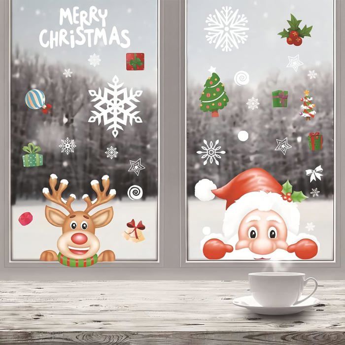Stickers Fenêtre Noël Réutilisables - Père Noël, Renne Et Flocons - Décoration Vitres Hiver Sans Colle