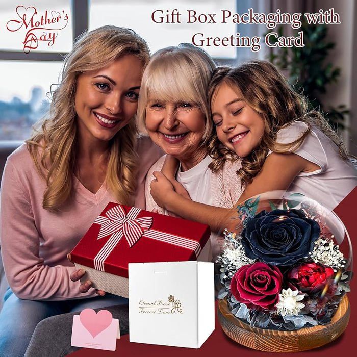 IVEOPPE Rose Eternelle sous Cloche - Ours en Rose avec Lumière LED, Cadeau Femme, Maison Décoration, Cadeau pour Noël, Mariage, Anniversaire, Fête des Mères, Cadeau pour Maman