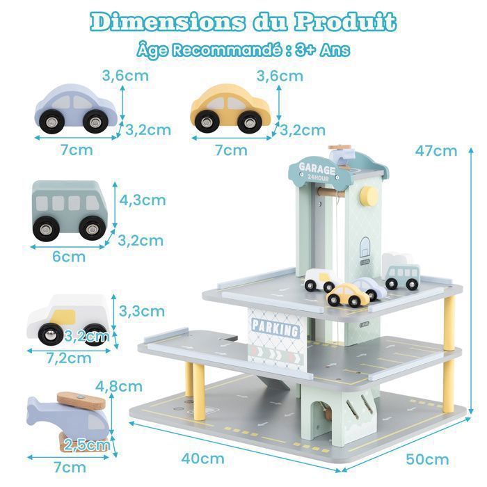 Little Log Garage Stationnement En Bois Avec Accessoires Lavage Voiture Garage Jeu Avec Ascenseur Hélicoptère Ensemble Jeu Voiture En Bois 21 Pièces 3 étages Pour Garçons Et Filles à Partir De 3 Ans