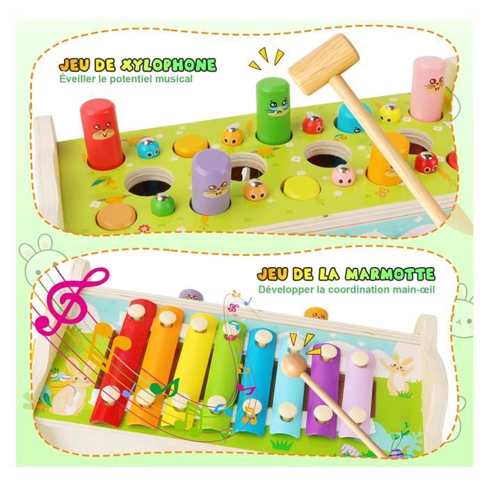 Jouet Montessori 6-en-1 En Bois – Xylophone, Jeu De Taupe, Pêche Magnétique, Arrachage Carotte, Engrenages, Association Animaux – Dès 1 An, Cadeau Anniversaire Noël