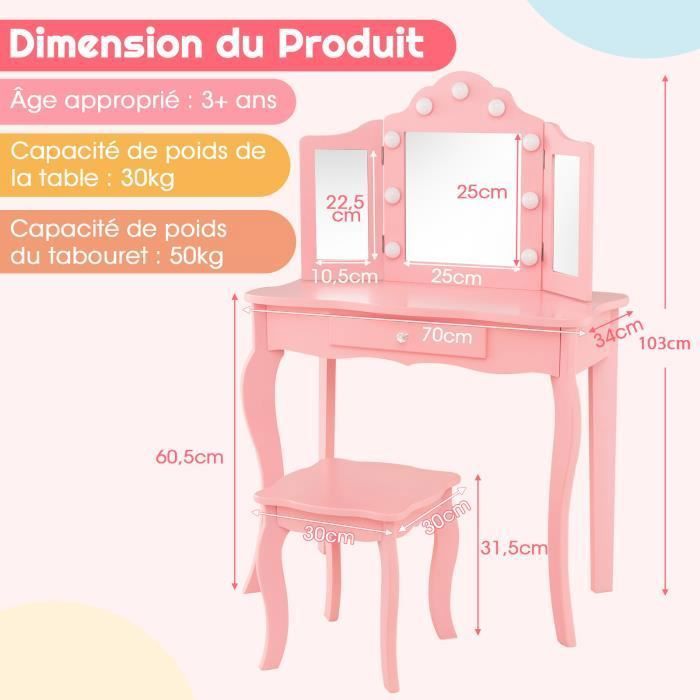 Coiffeuse Et Bureau 2 En 1 Pour Enfant Avec Tabouret - Costway - 60x27.5x97.5 Cm - À Monter