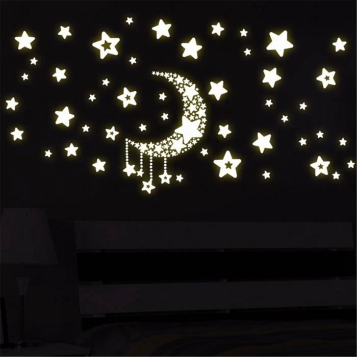 Sticker phosphorescent lumineux - PANDA BALANÇOIRE DE LUNE ET 130 ÉTOILES -  Autocollant mural plafond enfant - 110x90cm