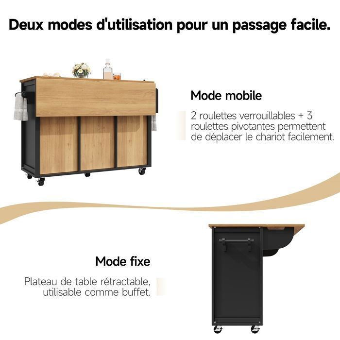 Merax Îlot De Cuisine De 210,1 Cm Avec Table à Manger Extensible Pour 4 à 6 Personnes, îlots Mobiles Roulants Avec Rangement, Station De Charge, 2 Tiroirs, 2 étagères Ouvertes Latérales, Noir
